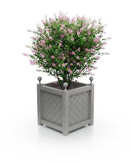 Quadratischer Aluminium-Pflanzkübel Royal mit Rautenmuster B 57×57×60 cm in Staubgrau RAL 7037 mit dekorativen Eckkugeln.