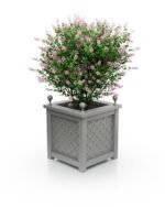 Eleganter, exklusiver Royal‑Aluminium‑Pflanzkübel in Dust Grey (RAL7037), quadratisch 77×77×75 cm, breiter Rand und dekorative Eckkugeln – ideal für Outdoor‑Bereiche