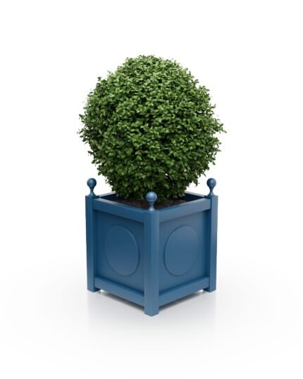 Eleganter Aluminium Pflanzkübel Victoria Medaillon B – 37×37×40 cm – mit Eckkugeln – Azure Blue