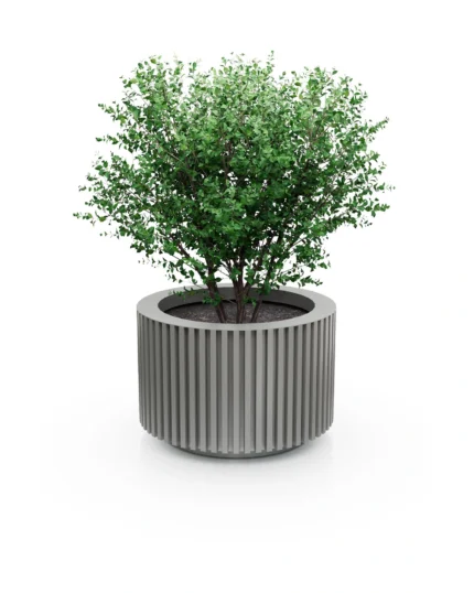 Aluminium Pflanzkübel „Prestige“, zylinderförmig mit Rillenstruktur, in Staubgrau (RAL 7037), Maße 76×76×50 cm