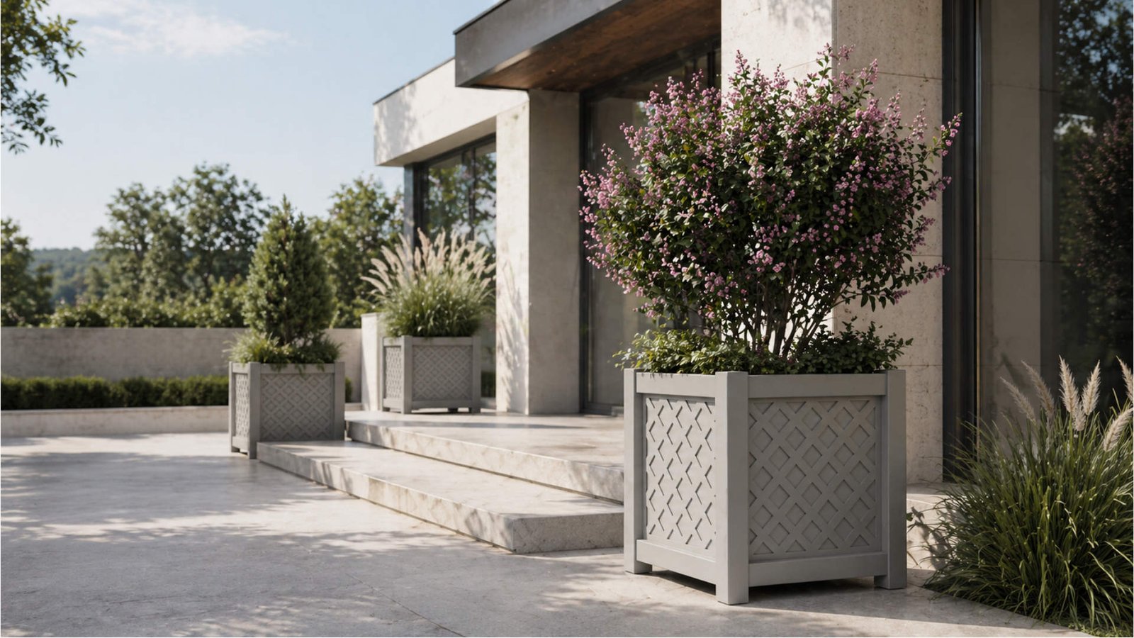 Pflanzkübel Outdoor vor modernem Haus mit Terrasse und blühender Bepflanzung