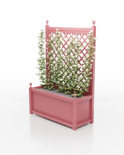Dekorativer Aluminium Pflanzkübel Aura rechteckig mit glatter Oberfläche und Rankgitter, altrosa RAL 3014, 114x47x112 cm