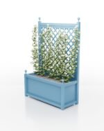 Schlanker Aluminium Pflanzkübel Aura rechteckig mit glatter Oberfläche und Rankgitter, pastellblau RAL 5024, 114x47x112 cm