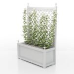Geräumiger Aluminium Pflanzkübel Aura rechteckig mit glatter Oberfläche und Rankgitter, telegrau RAL 7047, 114x47x112 cm