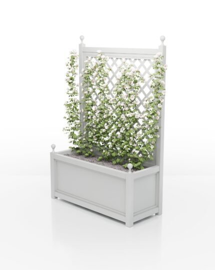 Geräumiger Aluminium Pflanzkübel Aura rechteckig mit glatter Oberfläche und Rankgitter, telegrau RAL 7047, 114x47x112 cm