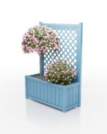 Stilvoller Aluminium Pflanzkübel rechteckig Prestige mit Lamellen und Rankgitter in pastellblau RAL 5024