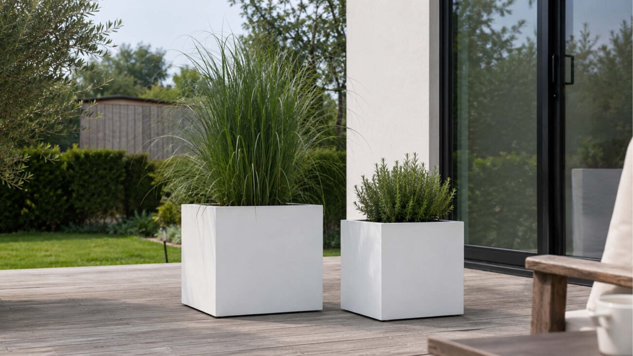 Zwei weiße quadratische Pflanzkübel mit Ziergras und Rosmarin auf moderner Holzterrasse