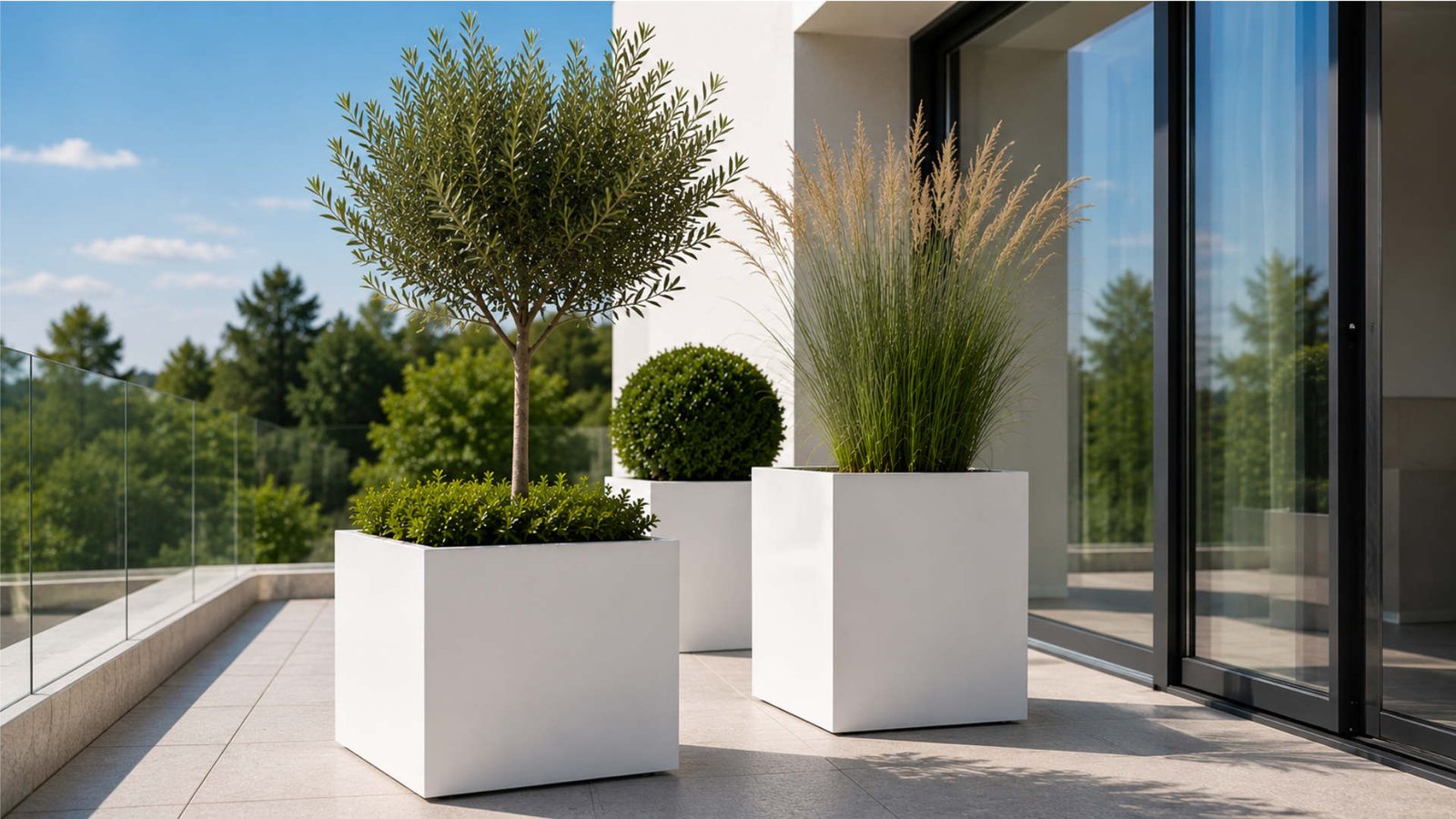 Zwei weiße quadratische Pflanzkübel mit Olivenbaum und Ziergras auf moderner Dachterrasse